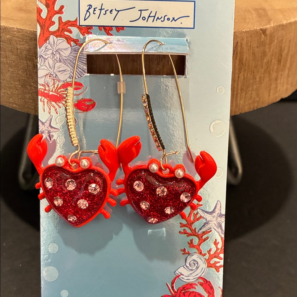 Betsey Johnson Red Crab Heart Dangle Earrings with Crystal Accents
